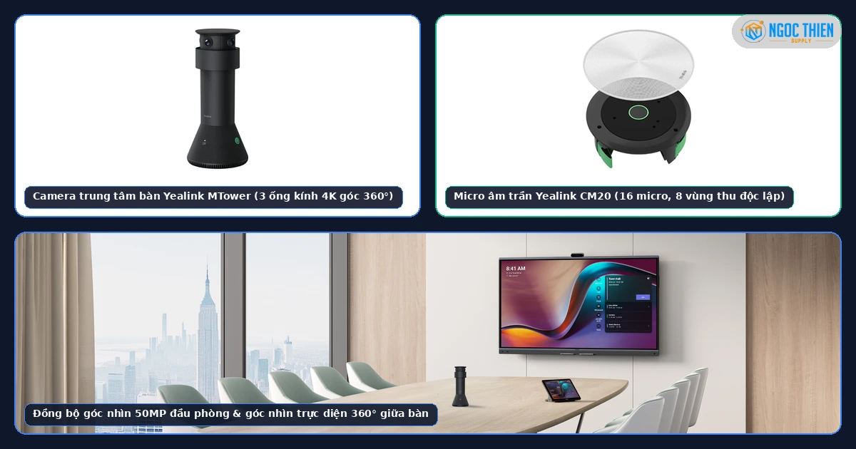Phối hợp camera 360 độ Yealink MTower và micro trần CM20 khi MeetingBoard Pro tương thích CS10