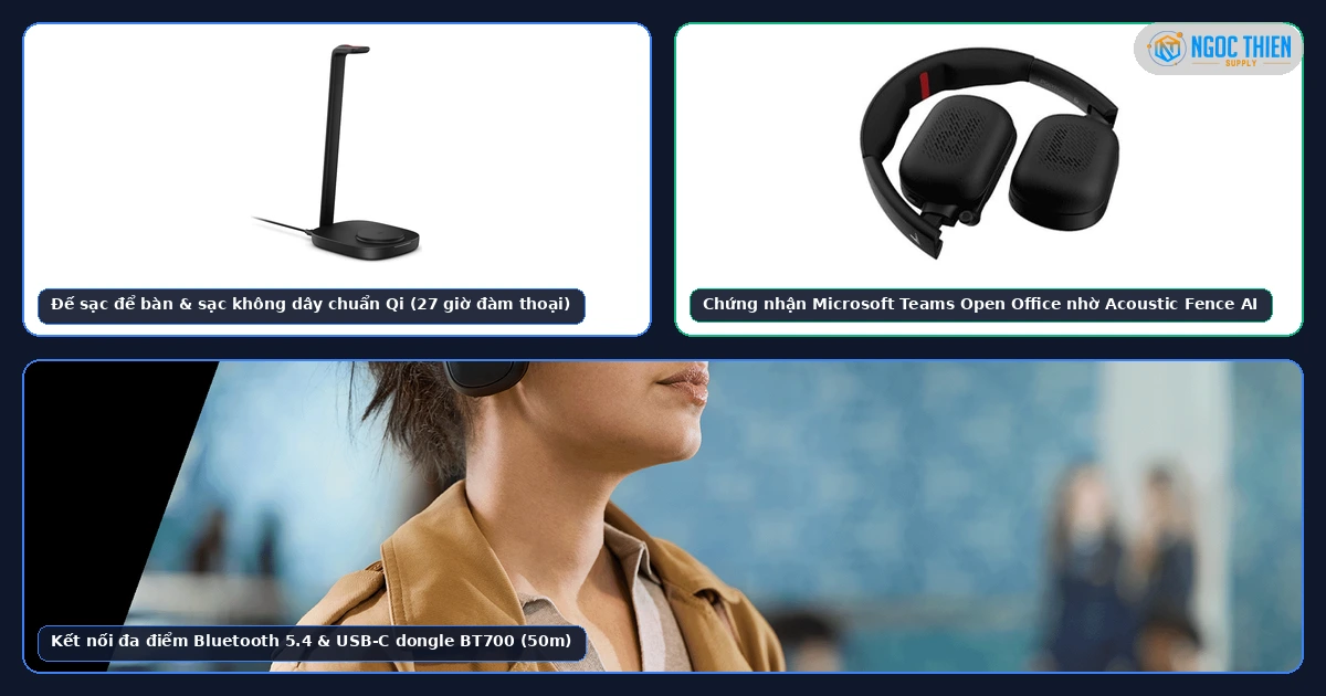 Chống ồn Adaptive ANC, đế sạc Qi và kết nối Bluetooth 5.4 trên tai nghe Poly Focus 6